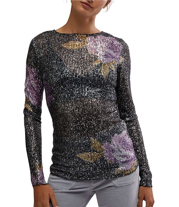 Free People Gold Rush Floral Print Sequin Crew Neck Long Sleeve Top Dillard s