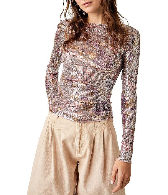 Free People Gold Rush Floral Print Sequin Crew Neck Long Sleeve Top