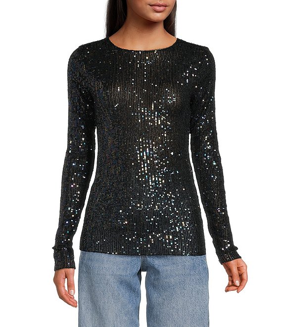 Color:Black Combo - Image 1 - Gold Rush Sequin Crew Neck Long Sleeve Slim Fit Top