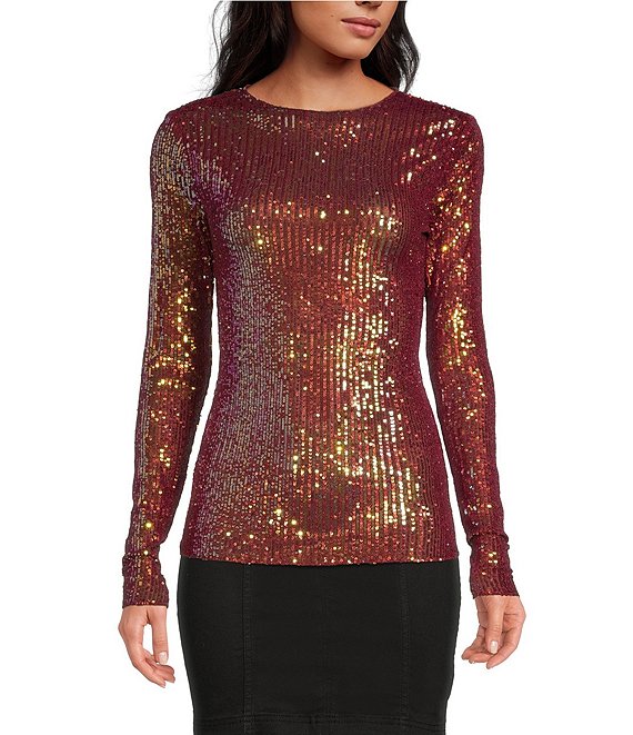 Color:Wine Combo - Image 1 - Gold Rush Sequin Crew Neck Long Sleeve Slim Fit Top