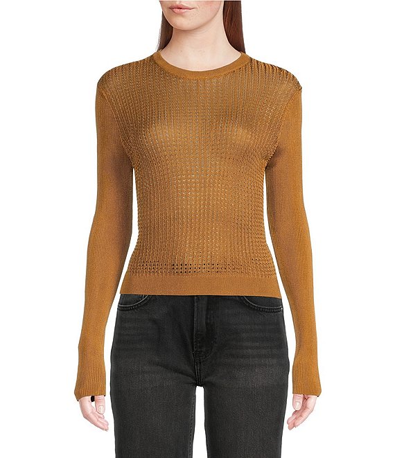 Color:Tiger Eye - Image 1 - H20 Crew Neck Sheer Long Sleeve Pullover Cropped Top