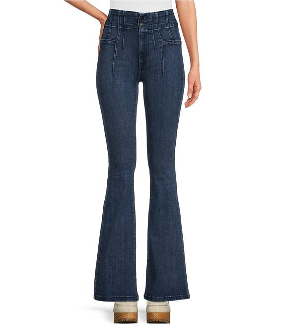 Women's Button Bells High Rise Extra Stretch Two Tone Jeans