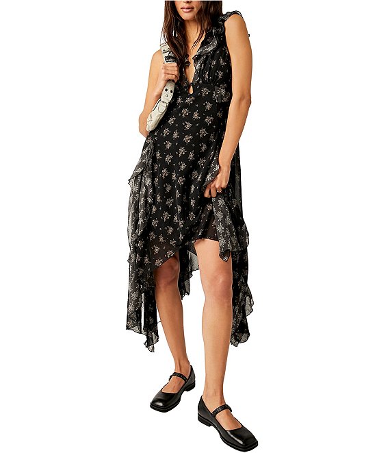 Color:Black Combo - Image 1 - Joaquin Floral Print Deep V-Neck Flutter Sleeve Asymmetrical Hem Dress