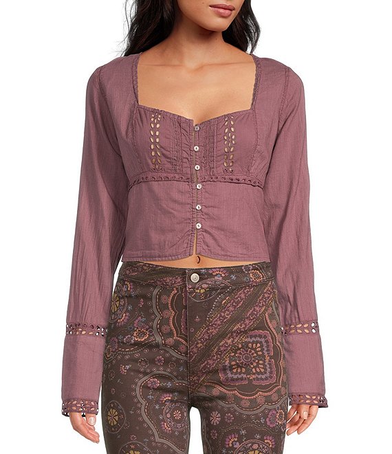 Color:Roan Rouge - Image 1 - Joi Woven Square Neck Long Sleeve Smocked Button Front Cropped Blouse