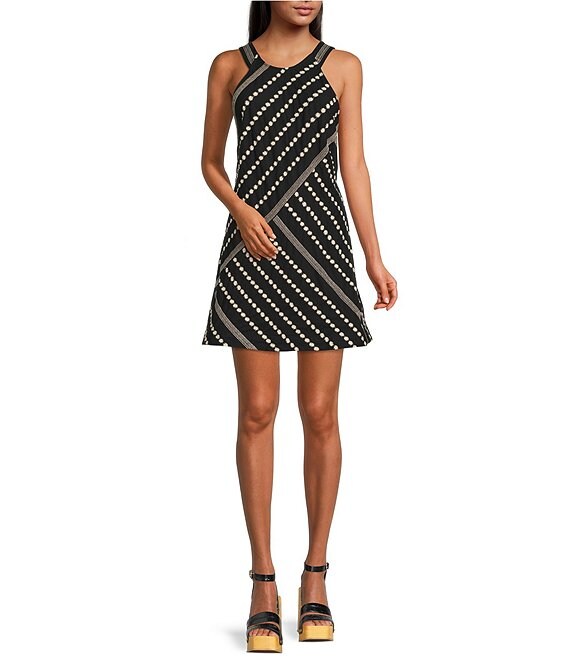 Color:Black - Image 1 - Juni Embroidered Stripe Halter Neck Sleeveless Back Detail Mini Dress