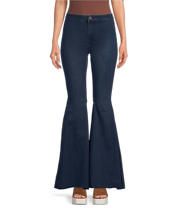 Color:Rich Blue - Image 1 - Just Float On Flare Bell Bottom High Rise Raw Hem Jeans