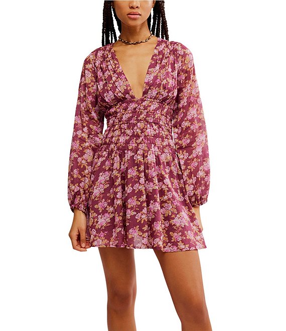 Free People Keep You Floral Print V-Neck Long Sleeve Mini Dress | Dillard's