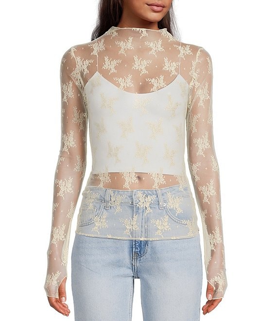 Ivory Lace See Through Shirt, Women Transparent Blouse Sheer