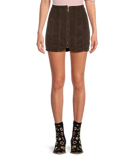 Color:Espresso Bean - Image 1 - Layla High Rise Zip Front Cord Mini Skirt