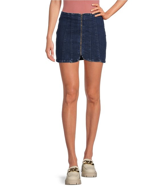 Color:Deep Indigo - Image 1 - Layla High Waisted Front Zipper Denim Mini Skirt