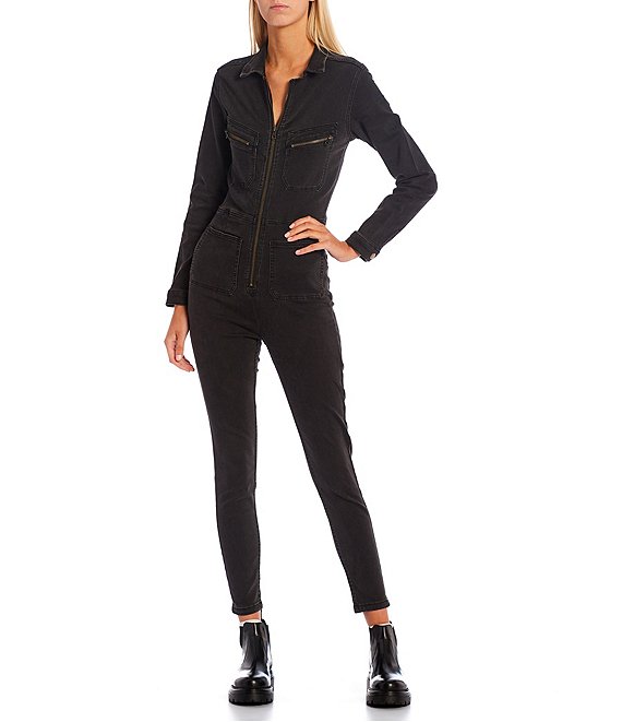 Color:Black as Night - Image 1 - Lennox Zipper Front Stretch Point Collar Long Sleeve Overall Denim Flight Suit