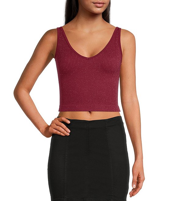 Color:Berry Wine Combo - Image 1 - Lurex Scoop Neck Solid Ribbed Tank