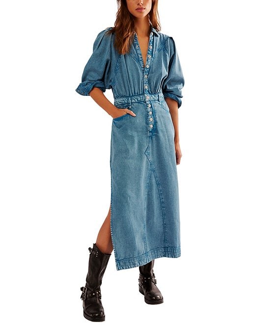 Free People Mad Love Denim Button Down Collar Long Sleeve Midi Dress