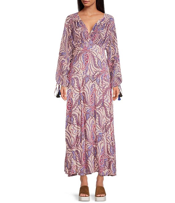 Color:Tea Combo - Image 1 - Mirage Paisley Printed V-Neck Long Blouson Sheer Sleeve Empire Waist Maxi Dress