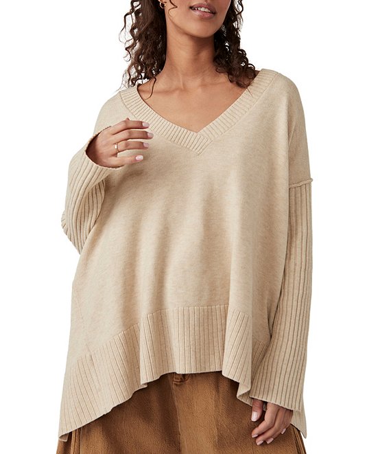 Color:Almond - Image 1 - Orion V-Neck Long Sleeve A-Line Tunic