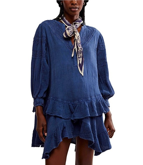 Free People Sachi Cotton V Neck Long Sleeve Front Button Embroidered Ruffle Hem Mini Dress Dillard s