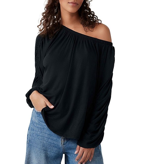 Free People Serenade Off the Shoulder Long Oversized Ruched Sleeve Tee ...