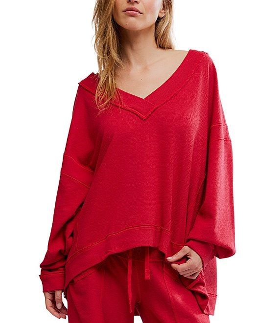 Free People Staycation Coordinating Long Sleeve V-Neck Oversized Pullover, Deep Cherry - Image 1