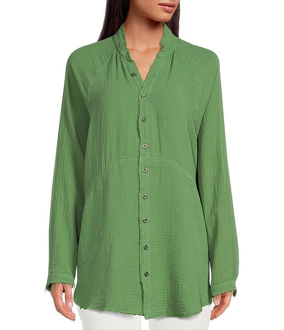 Color:Cool Moss - Image 1 - Summer Daydream Long Sleeve Button Front V-Neck Raw High-Low Hem Oversized Top