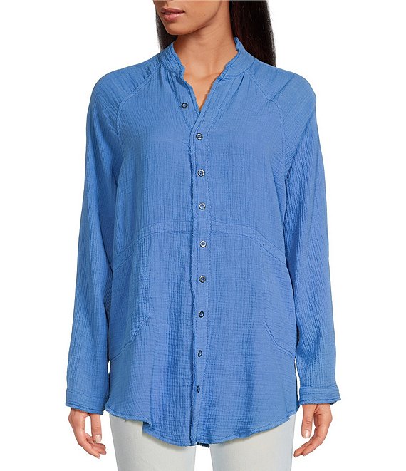 Color:All Aboard Blue - Image 1 - Summer Daydream Long Sleeve Button Front V-Neck Raw High-Low Hem Oversized Top