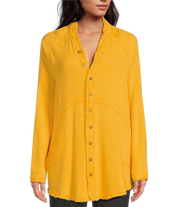 Free People Summer Daydream Long Sleeve Button Front V-Neck Raw