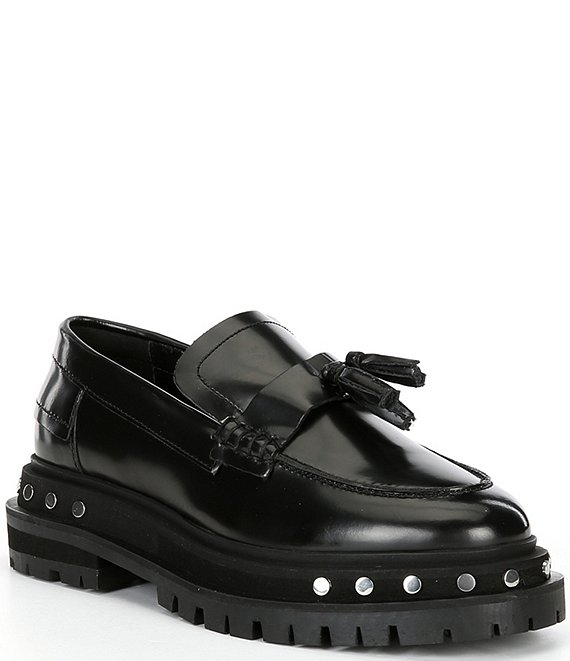 Color:Black - Image 1 - Teagan Leather Studded Tassel Loafers