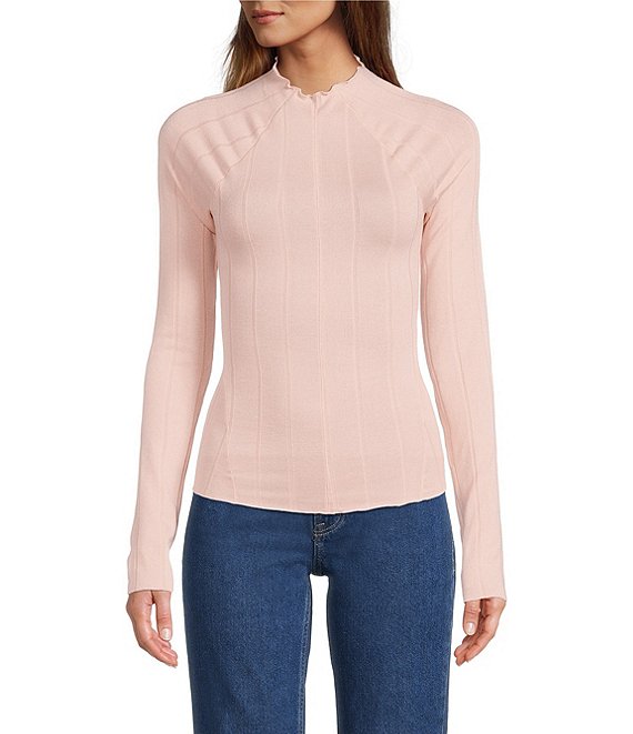 Color:Pink Nectar - Image 1 - Wide Eyed Stretch Knit Mock Neck Long Sleeve Fitted Top