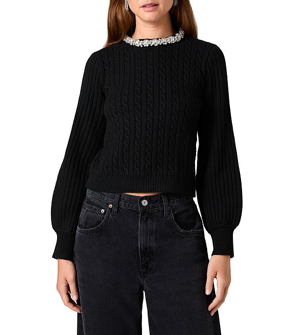 French Connection Avea Cable Knit Embellished Crew Neck Long Sleeve Sweater