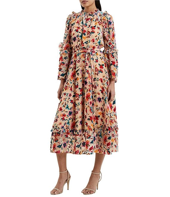 French Connection Avery Burnout Floral Print Mock Neck Long Sleeve Maxi ...