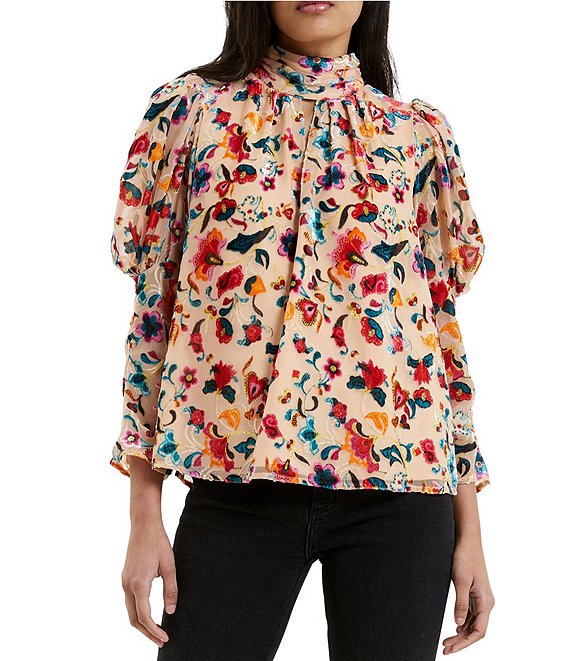 French Connection Avery Floral Print Burnout Mock Neck Long Sleeve ...