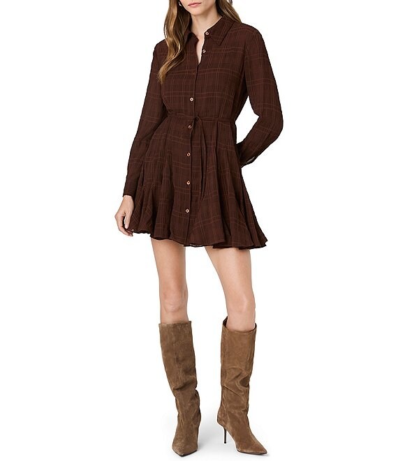 French Connection Chiffon Texture Plaid Printed Collared Long Sleeve Tie Waist Mini Dress