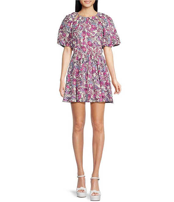 French Connection Fotini Rhodes Floral Print Poplin Short Puff Sleeve Cut  Out Mini Dress