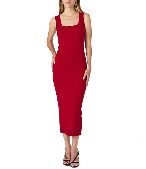 French Connection Mozza Ribbed Knit Square Neck Sleeveless Bodycon Midi Dress