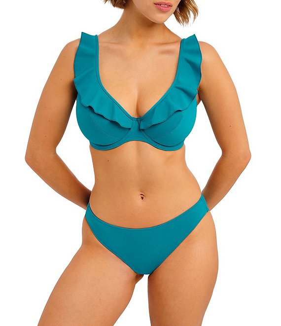 Freya Jewel Cove Hi-Apex Solid Plunge V-Neck Waterfall Edge Extended Bra Sizes Underwire Swim Top & Solid Hipster Swim Bottom
