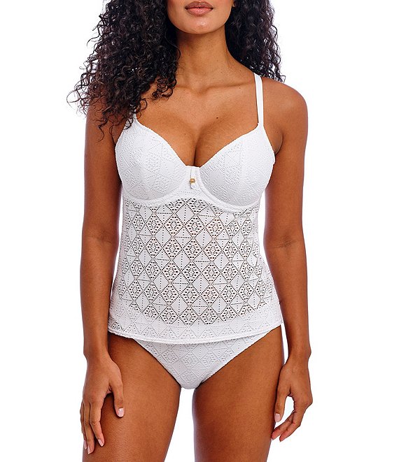 Freya Nomad Nights Crochet Solid Plunge Neck Tankini Swim Top & High Leg Hipster Swim Bottom