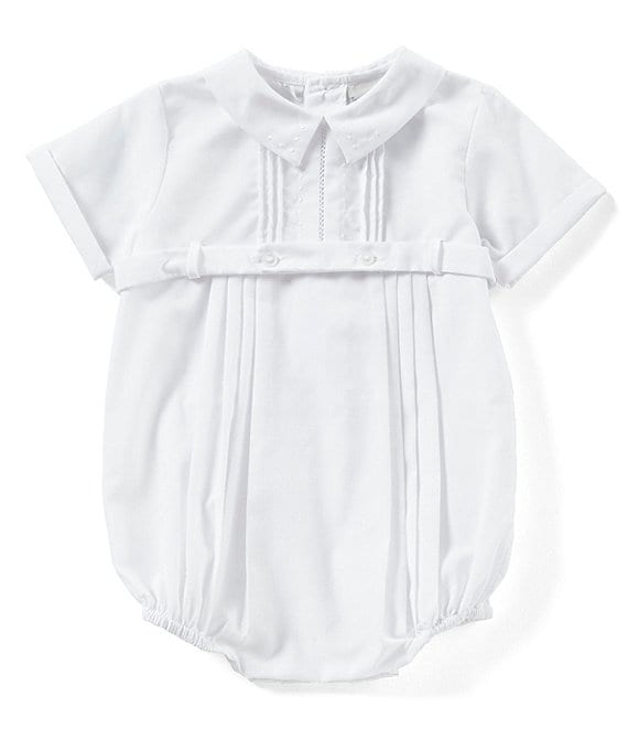 Color:White - Image 1 - Baby Boys Newborn-9 Months Pleated Dot Tuxedo Styled Romper