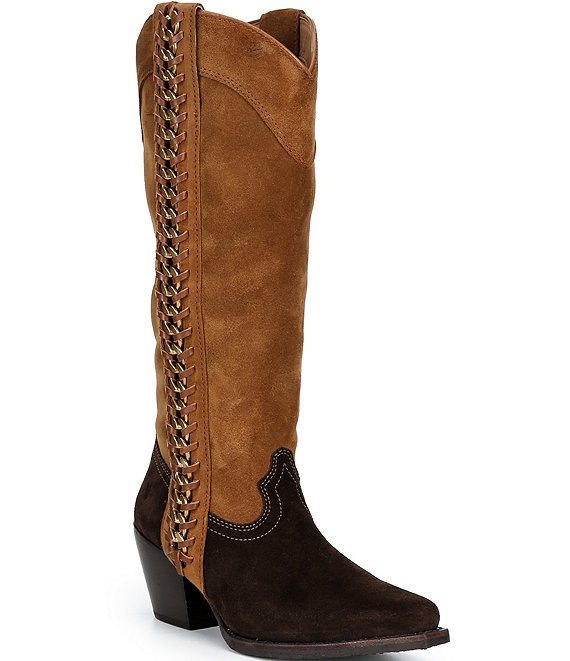 Frye Laila Suede Tall Western Chain Block Heel Boots