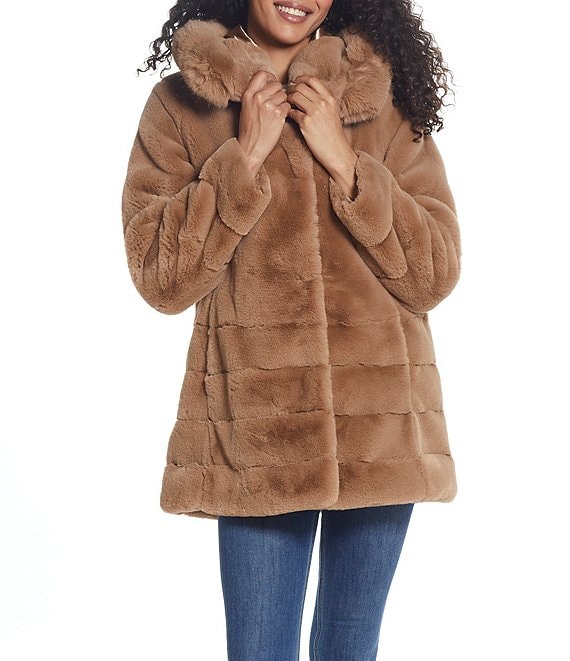 Gallery Grooved Water Resistant Faux Fur Stand Collar Hooded Snap Front Swing Coat Dillards 4989