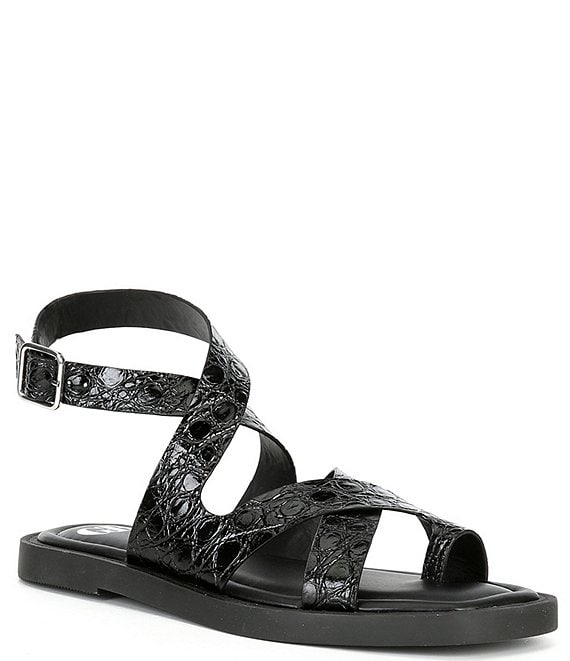 GB Back-Stage Crocodile Embossed Leather Toe Ring Flat Thong Sandals ...