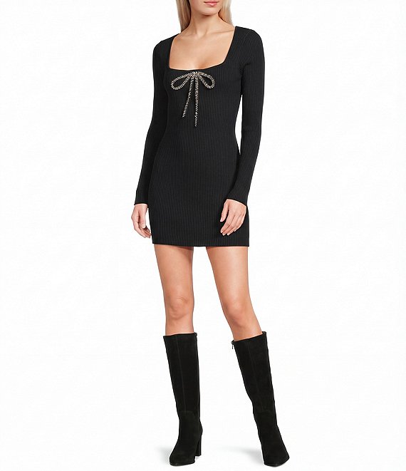 GB Beaded Bow Long Sleeve Sweater Mini Dress, Black Silver - Image 1