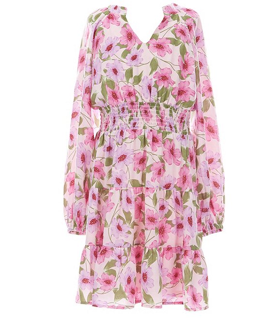 GB Big Girls 7-16 Exaggerated Floral Print Long Sleeve Smock Dress ...