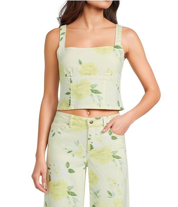 GB Coordinating Woven Floral Print Square Neck Denim Tank Top