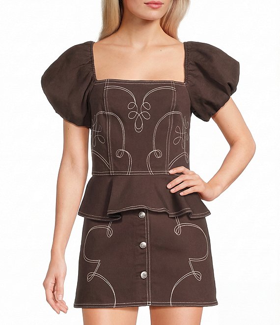 GB Denim Western Coordinating Peplum Top, Brown - Image 1