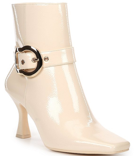 GB Face Card Oversized Buckle Patent Heeled Booties