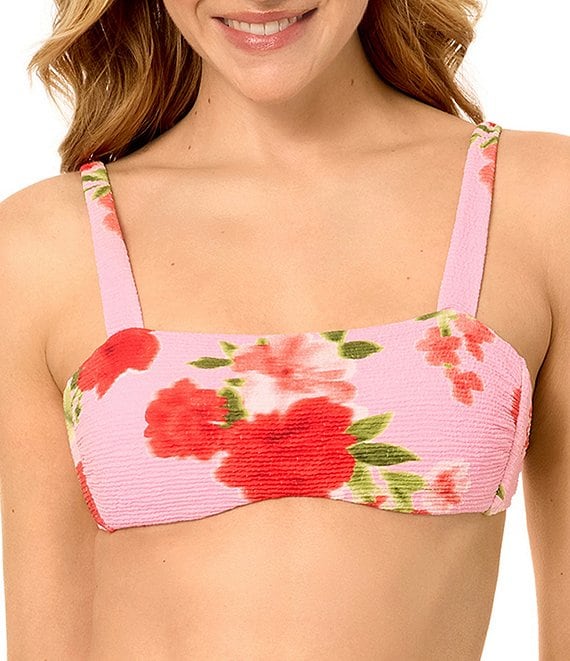 GB Floraflage Pink Scrunchie Textured Wide Strap Bandeau Swim Top