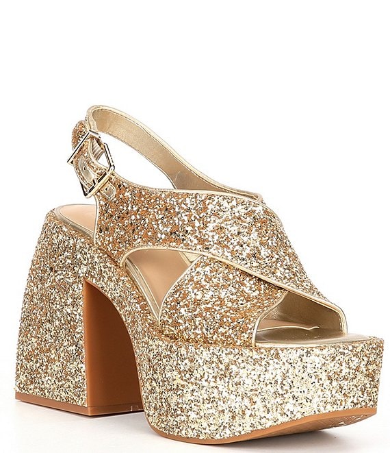 Color:Gold - Image 1 - Friday-Nite Glitter Platform Dress Sandals
