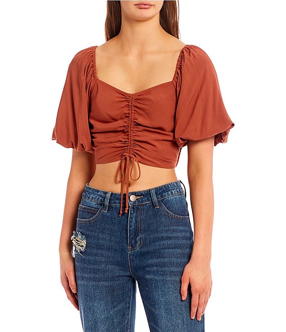 Color:Rust - Image 1 - Front Cinch Puff Sleeve Cropped Top