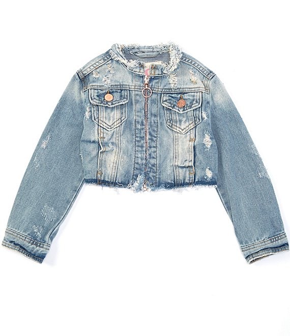 women's denim jean jacket, cropped length, frayed edge, short