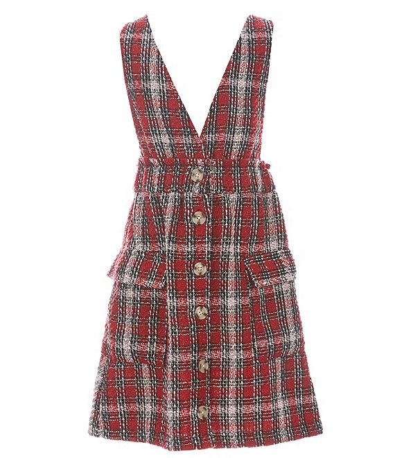 Color:Red/Multi - Image 1 - Girls Big Girls 7-16 Plaid Pinafore Button-Front Dress