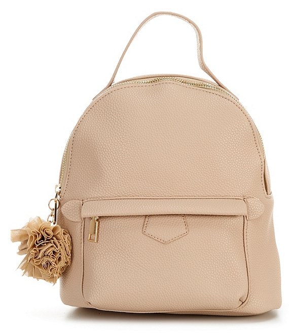 Color:Taupe - Image 1 - Girls Front Pocket Backpack with Mesh Flower Keychain